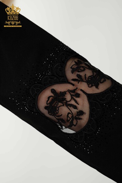 Toptan Kadın Gömlek Tül Detaylı Siyah - 20407 | KAZEE - Thumbnail