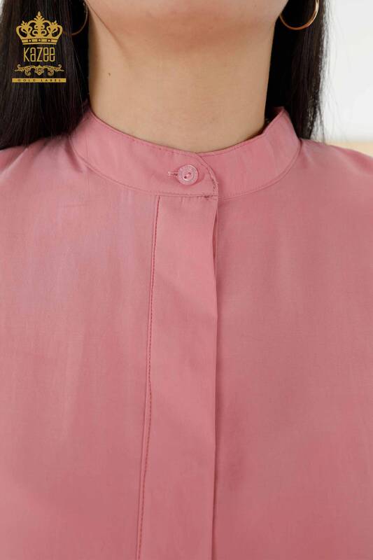 Toptan Kadın Gömlek Yarım Düğme Detaylı Gül Kurusu - 20316 | KAZEE