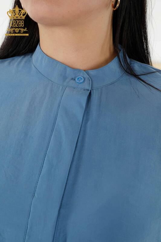 Toptan Kadın Gömlek Yarım Düğme Detaylı Mavi - 20316 | KAZEE