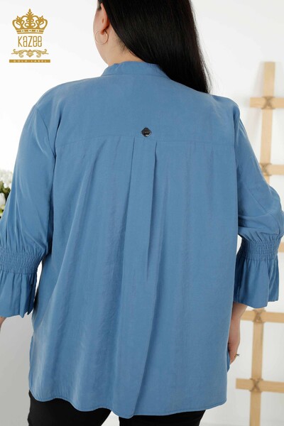 Toptan Kadın Gömlek Yarım Düğme Detaylı Mavi - 20316 | KAZEE - Thumbnail