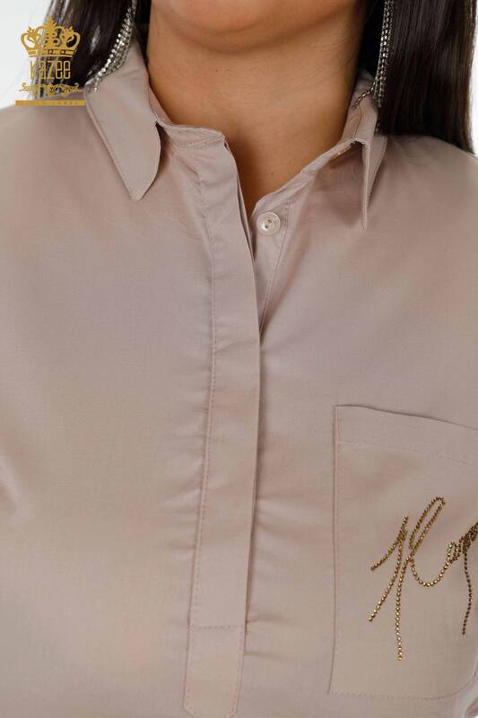 Toptan Kadın Gömlek Yarım Düğmeli Bej - 17230 | KAZEE