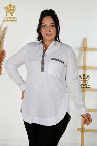Kazee - Toptan Kadın Gömlek Yarım Düğmeli Beyaz - 20023 | KAZEE