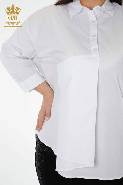 Toptan Kadın Gömlek Yarım Düğmeli Beyaz - 20096 | KAZEE - Thumbnail