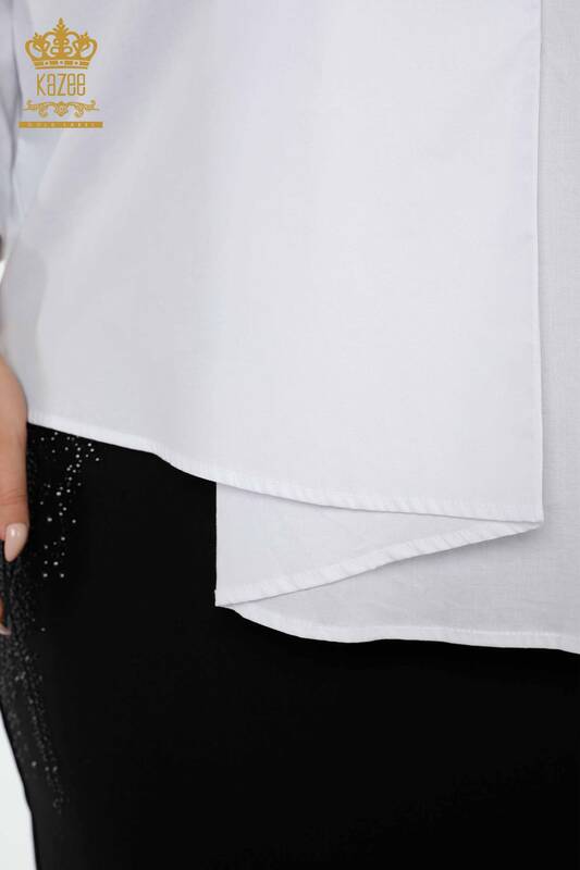 Toptan Kadın Gömlek Yarım Düğmeli Beyaz - 20096 | KAZEE