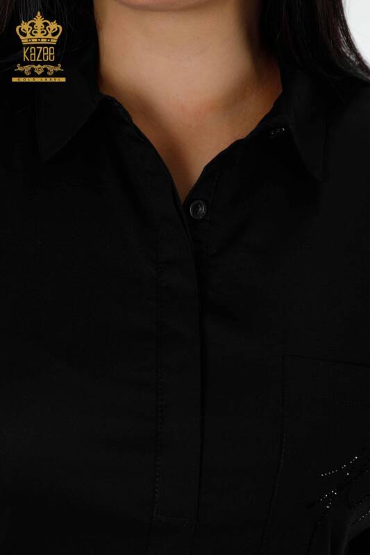 Toptan Kadın Gömlek Yarım Düğmeli Siyah - 20130 | KAZEE