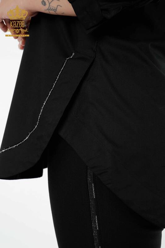 Toptan Kadın Gömlek Yarım Düğmeli Siyah - 20130 | KAZEE