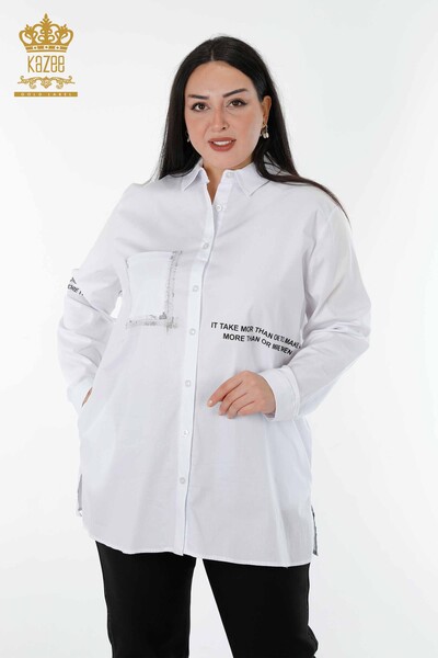Toptan Kadın Gömlek Yazı Detaylı Beyaz - 20087 | KAZEE