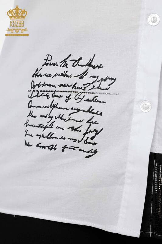 Toptan Kadın Gömlek Yazı Detaylı Beyaz - 20097 | KAZEE