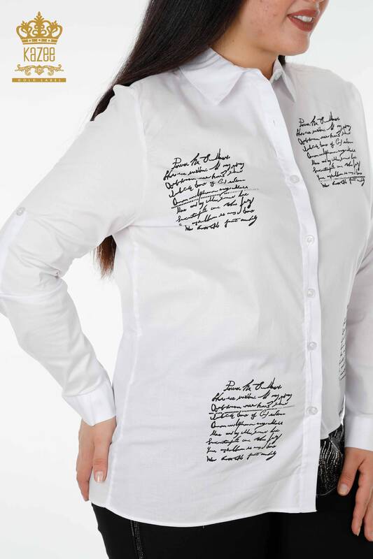 Toptan Kadın Gömlek Yazı Detaylı Beyaz - 20097 | KAZEE