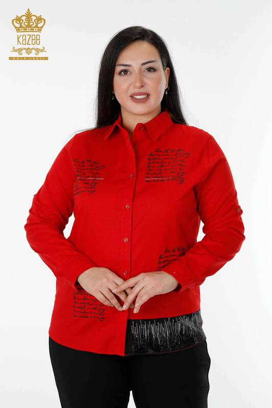 Toptan Kadın Gömlek Yazı Detaylı Kırmızı - 20097 | KAZEE