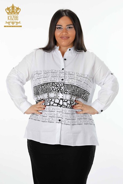 Kazee - Toptan Kadın Gömlek Yazı Detaylı Leopar Baskılı Taşlı Koton - 20079 | KAZEE