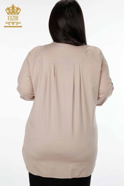 Toptan Kadın Gömlek Yazı Detaylı Leopar Baskılı Taşlı Koton - 20079 | KAZEE - Thumbnail