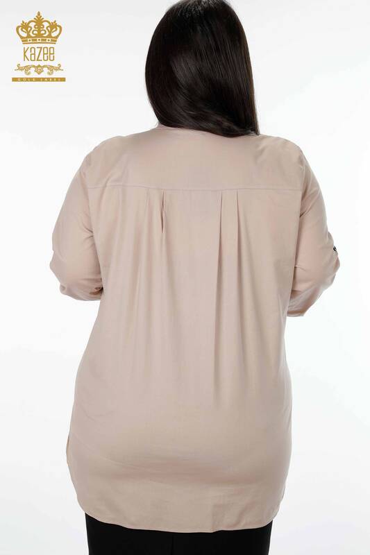 Toptan Kadın Gömlek Yazı Detaylı Leopar Baskılı Taşlı Koton - 20079 | KAZEE