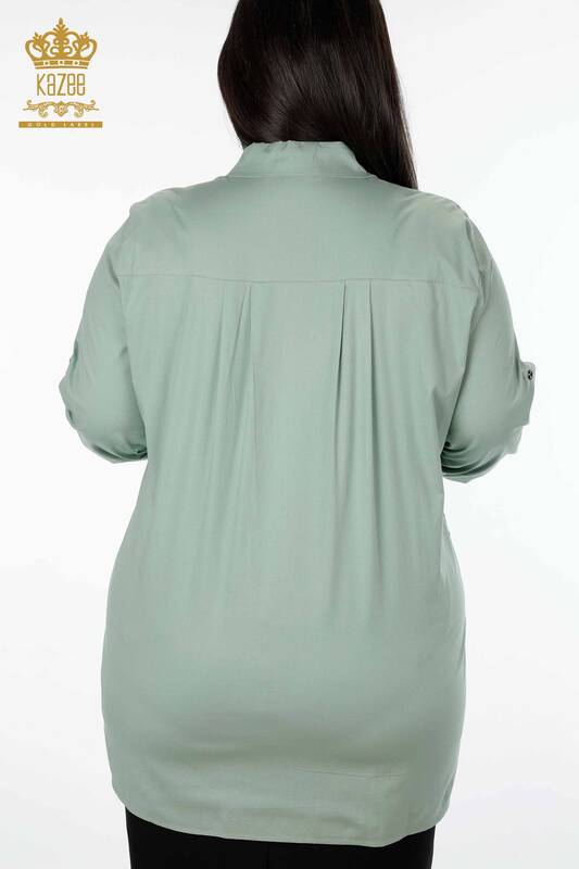 Toptan Kadın Gömlek Yazı Detaylı Leopar Baskılı Taşlı Koton - 20079 | KAZEE