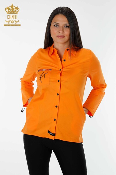 Toptan Kadın Gömlek Yazı Detaylı Oranj - 20089 | KAZEE - Thumbnail
