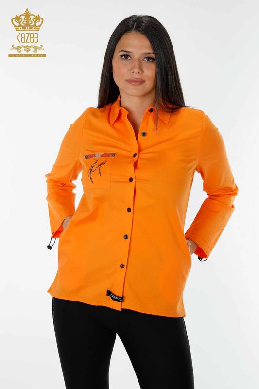 Toptan Kadın Gömlek Yazı Detaylı Oranj - 20089 | KAZEE