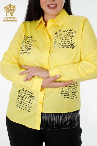 Toptan Kadın Gömlek Yazı Detaylı Sarı - 20097 | KAZEE - Thumbnail