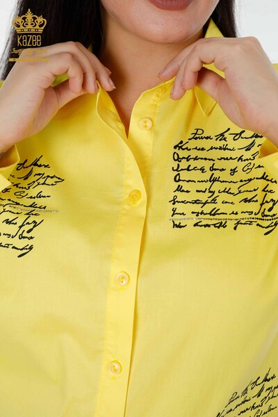 Toptan Kadın Gömlek Yazı Detaylı Sarı - 20097 | KAZEE - Thumbnail