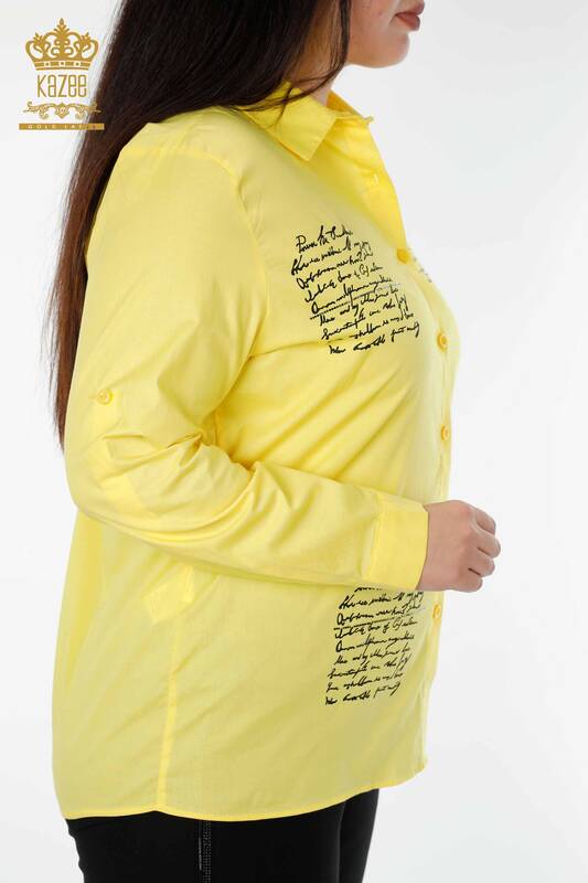 Toptan Kadın Gömlek Yazı Detaylı Sarı - 20097 | KAZEE