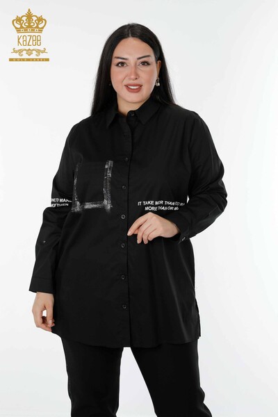 Toptan Kadın Gömlek Yazı Detaylı Siyah - 20087 | KAZEE