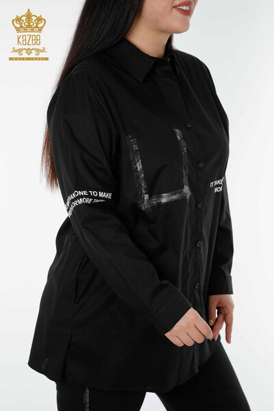 Toptan Kadın Gömlek Yazı Detaylı Siyah - 20087 | KAZEE - Thumbnail