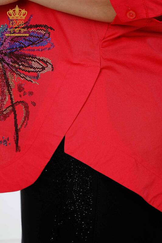 Toptan Kadın Gömlek Yusufçuk Detaylı Renkli Taş İşlemeli Koton - 20120 | KAZEE