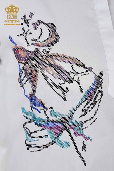 Toptan Kadın Gömlek Yusufçuk Detaylı Renkli Taş İşlemeli Koton - 20120 | KAZEE - Thumbnail