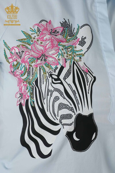 Toptan Kadın Gömlek Zebra Çiçek Desenli Mavi - 20126 | KAZEE - Thumbnail