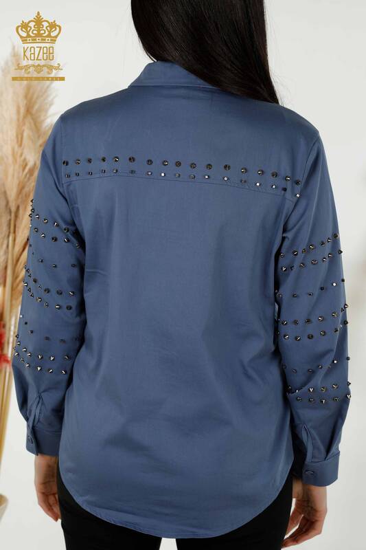 Toptan Kadın Gömlek Zımba Taş Detaylı İndigo - 20230 | KAZEE