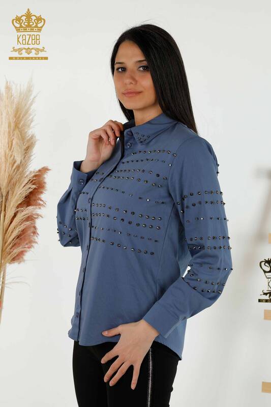 Toptan Kadın Gömlek Zımba Taş Detaylı İndigo - 20230 | KAZEE
