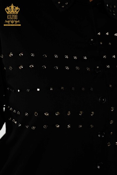 Toptan Kadın Gömlek Zımba Taş Detaylı Siyah - 20230 | KAZEE - Thumbnail