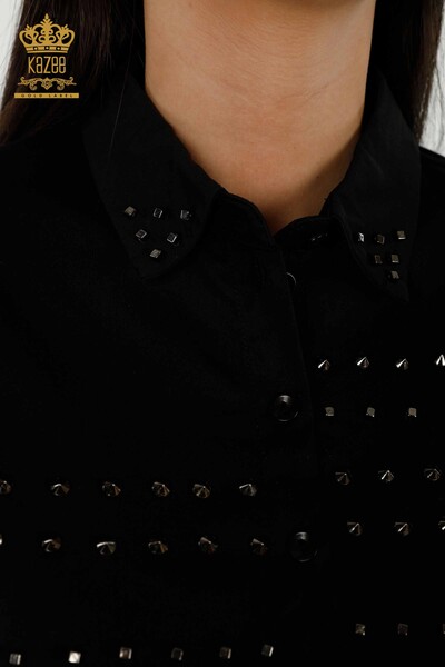 Toptan Kadın Gömlek Zımba Taş Detaylı Siyah - 20230 | KAZEE - Thumbnail