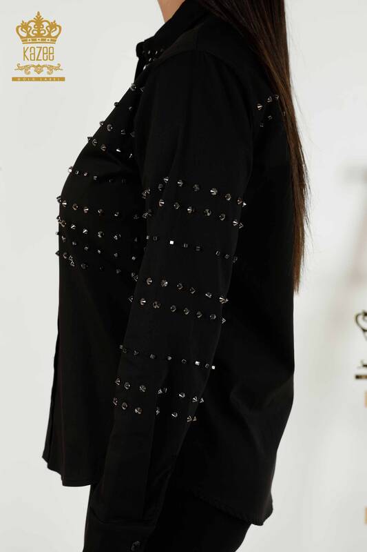 Toptan Kadın Gömlek Zımba Taş Detaylı Siyah - 20230 | KAZEE