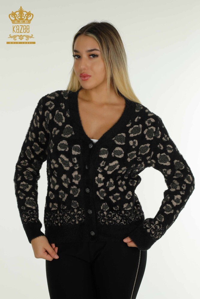 Toptan Kadın Hırka Angora Leopar Desenli Siyah - 30666 | KAZEE - 1