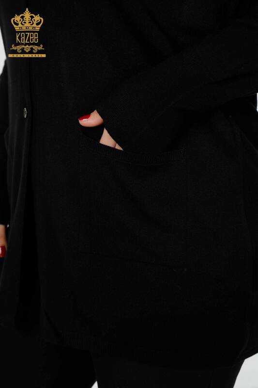 Toptan Kadın Hırka Cep Detaylı Siyah - 15802 | KAZEE