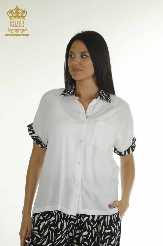 Toptan Kadın İkili Gömlek Takım Desenli Beyaz Siyah - 2407-3574 | A