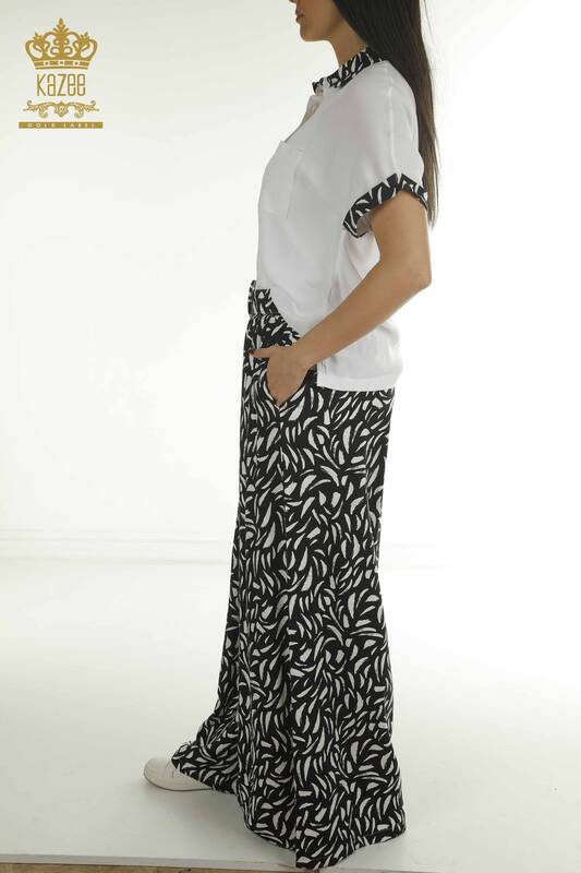 Toptan Kadın İkili Gömlek Takım Desenli Beyaz Siyah - 2407-3574 | A