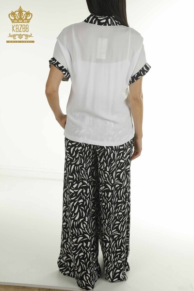 Toptan Kadın İkili Gömlek Takım Desenli Beyaz Siyah - 2407-3574 | A - Thumbnail