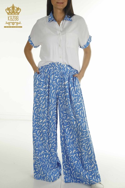 Toptan Kadın İkili Gömlek Takım Desenli Mavi Beyaz - 2407-3574 | A - Thumbnail