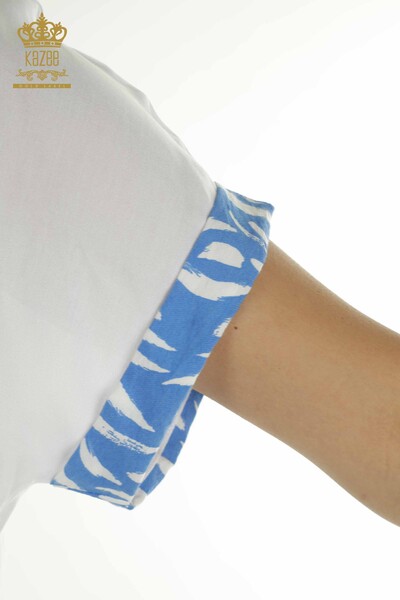 Toptan Kadın İkili Gömlek Takım Desenli Mavi Beyaz - 2407-3574 | A - Thumbnail