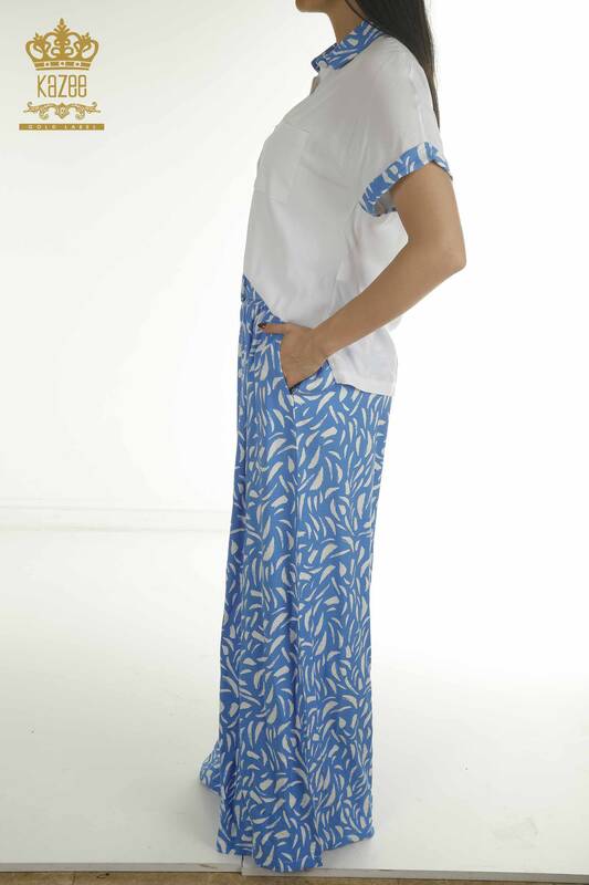 Toptan Kadın İkili Gömlek Takım Desenli Mavi Beyaz - 2407-3574 | A