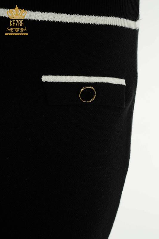 Toptan Kadın İkili Takım Düğme Detaylı Çizgili Siyah - 30791 | KAZEE