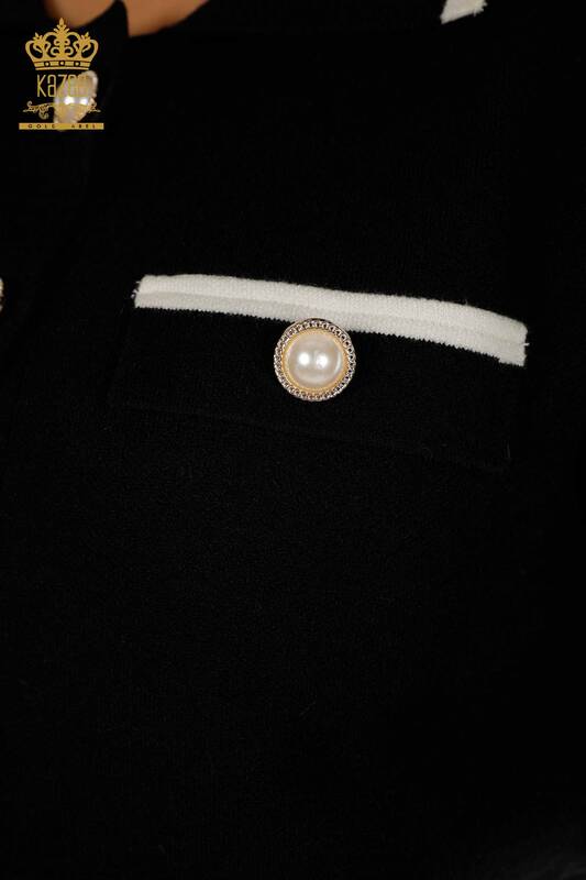 Toptan Kadın İkili Takım Düğme Detaylı Siyah Ekru - 30303 | KAZEE
