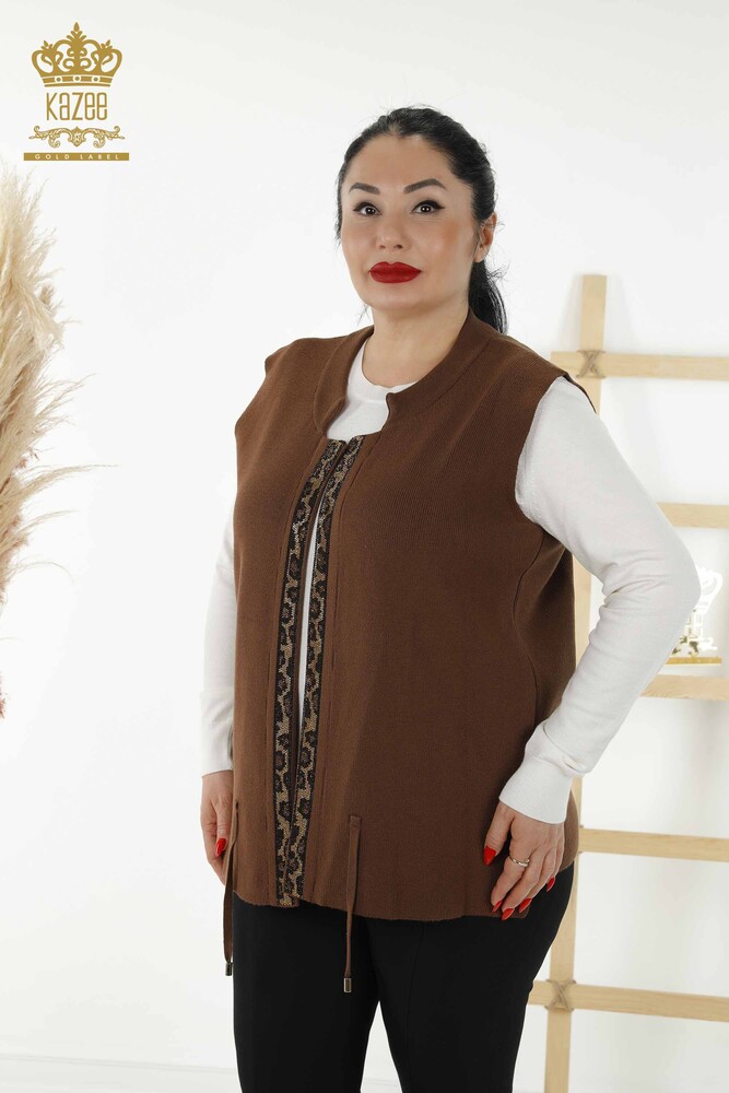 Toptan Kadın Kısa Yelek Leopar Desenli Kahve - 30311 | KAZEE - 1