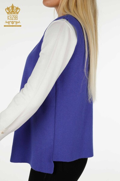 Toptan Kadın Kısa Yelek Leopar Taş İşlemeli İndigo - 30616 | KAZEE - 5