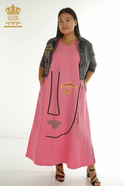 T - Toptan Kadın Kot Ceket Elbise Renkli Desenli Gri-Pembe - 2405-10141 | T