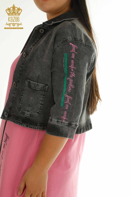 Toptan Kadın Kot Ceket Elbise Renkli Desenli Gri-Pembe - 2405-10141 | T