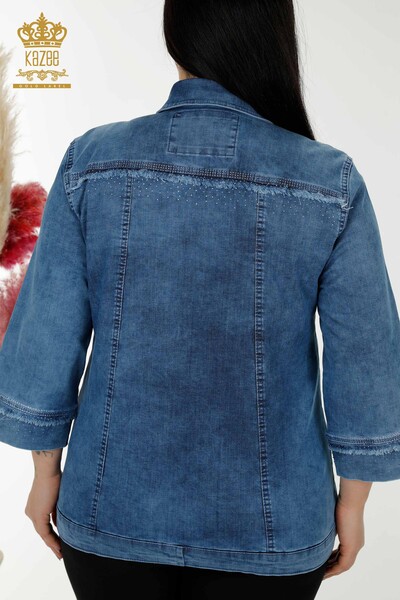Toptan Kadın Kot Ceket Kristal Taş İşlemeli Mavi - 20373 | KAZEE - Thumbnail