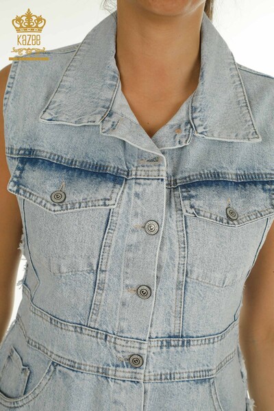 Toptan Kadın Kot Elbise Düğmeli Açık Mavi - 2409-23043 | W - Thumbnail (2)