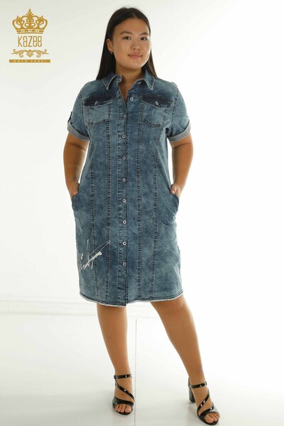 Toptan Kadın Kot Elbise Taş İşlemeli Mavi - 2505-10121 | T - Thumbnail